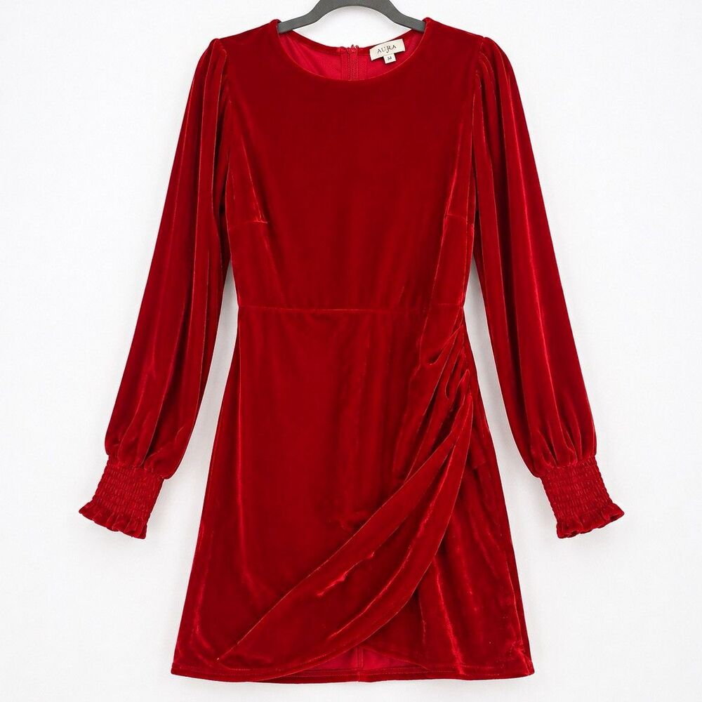 AURA Red Velvet Ruched Puff Long Sleeve Short Dress Women's Size M